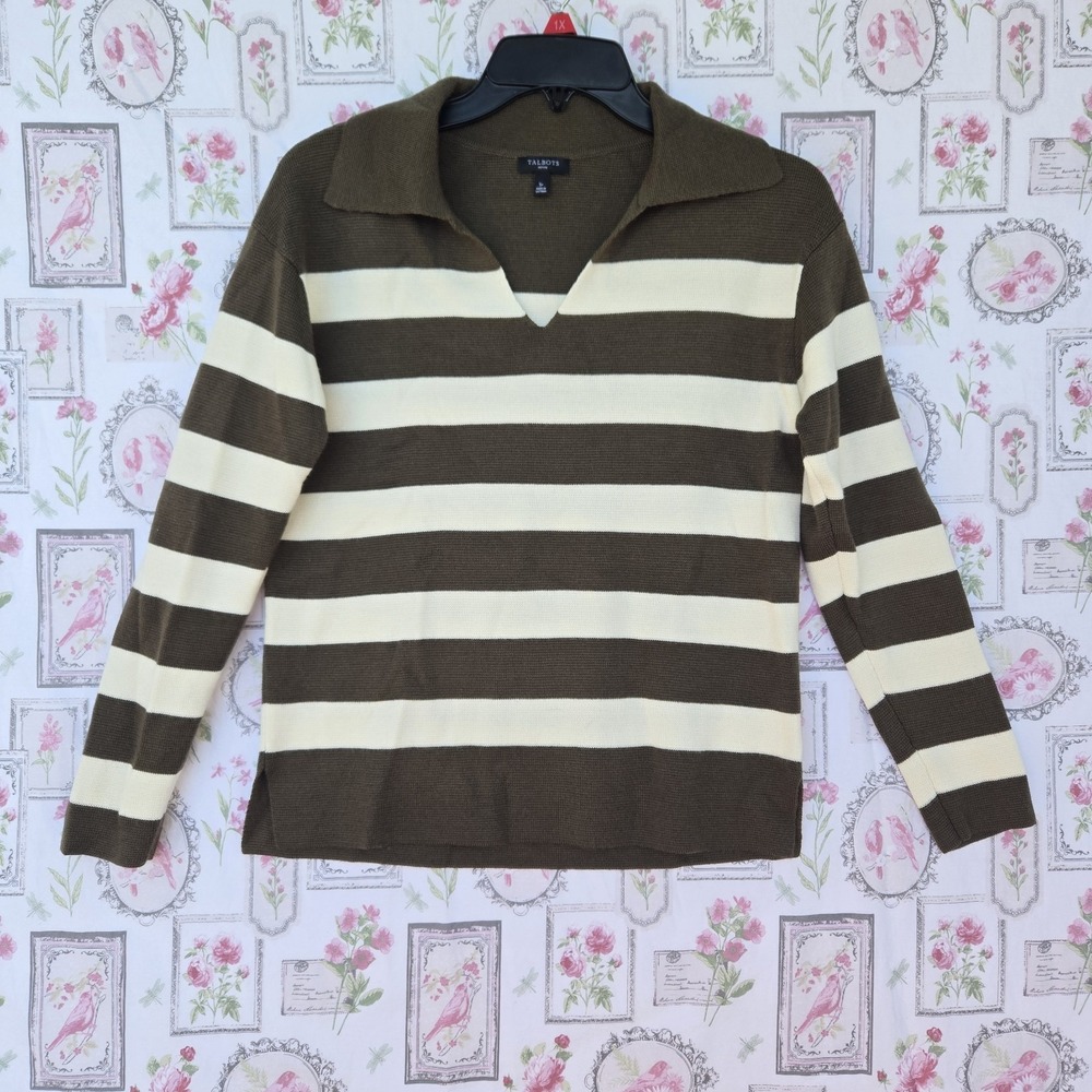 Talbots Johnny Collar Sweater‎ Women's Olive Green Cream Stripe Wool Blend SP